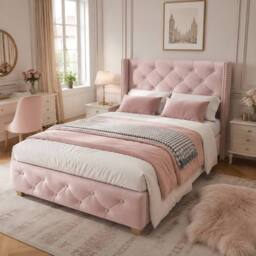 ModernLuxe Upholstered single bed with headboard & wooden legs in Pink - thumbnail 1