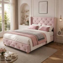 ModernLuxe Upholstered single bed with headboard & wooden legs in Pink - thumbnail 2