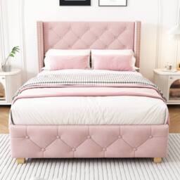 ModernLuxe Upholstered single bed with headboard & wooden legs in Pink - thumbnail 5