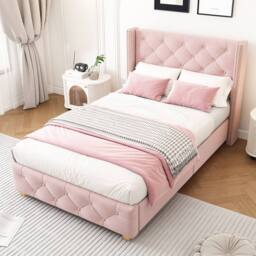 ModernLuxe Upholstered single bed with headboard & wooden legs in Pink - thumbnail 4