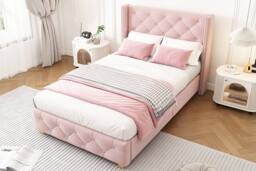 ModernLuxe Upholstered single bed with headboard & wooden legs in Pink - thumbnail 7