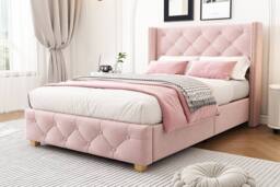ModernLuxe Upholstered single bed with headboard & wooden legs in Pink - thumbnail 8