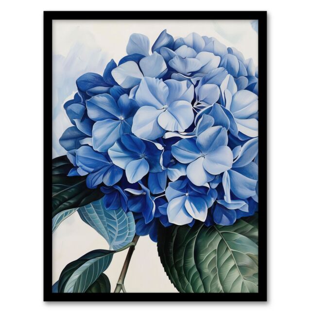 Artery8 Blue Hydrangea Modernist Painting Floral Calm Framed Art Print - Size: A4 - image 1