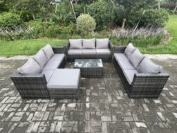 Fimous Outdoor Lounge Sofa Set Wicker PE Rattan Garden Furniture Set with Oblong Coffee Table Big Footstool Dark Grey Mixed - thumbnail 2
