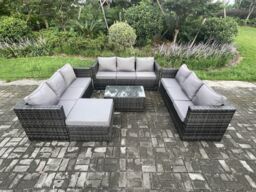 Fimous Outdoor Lounge Sofa Set Wicker PE Rattan Garden Furniture Set with Oblong Coffee Table Big Footstool Dark Grey Mixed - thumbnail 1