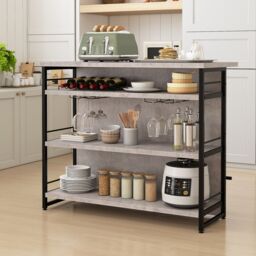 Costway Industrial Home Bar Unit 4-Tier Liquor Bar Cabinet w/Open Shelves in Grey - thumbnail 3