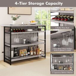 Costway Industrial Home Bar Unit 4-Tier Liquor Bar Cabinet w/Open Shelves in Grey - thumbnail 6
