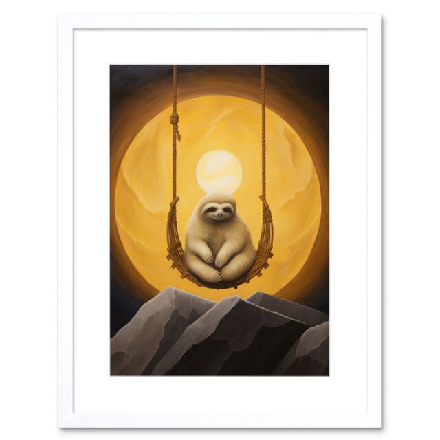 "Artery8 Wall Art Print The Lazy Overlord Sloth at Full Moon Abstract Surrealist Painting Artwork Framed 9X7 Inch in White - Size: W7"" x H9""" - image 1