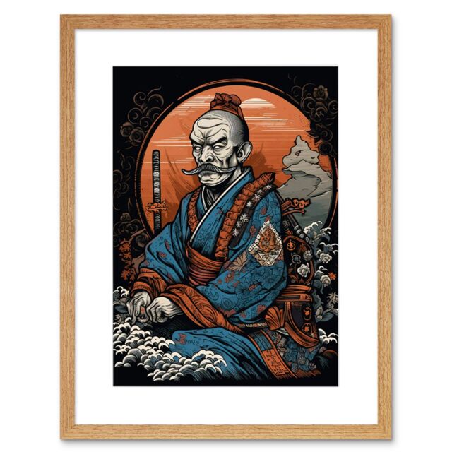 "Artery8 Wall Art Print Samurai Master Old School USA Tattoo Ink Body Art Rockabilly Americana 50s Artwork Framed 9X7 Inch in Beige - Size: W7"" x H9""" - image 1
