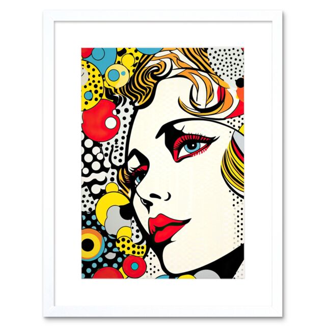 "Artery8 Wall Art Print Woman Face Geometric Patterns Bubbles Comic Book Style Pop Art Teen Room Halftone Artwork Framed 9X7 Inch - Size: W7"" x H9""" - image 1
