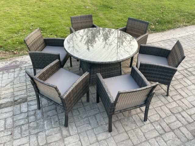 Fimous Wicker PE Outdoor Rattan Garden Furniture Arm Chair & Table Dining Sets 6 Seater Large Round Table Dark Grey Mixed - image 1