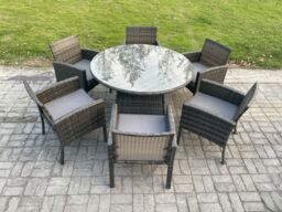 Fimous Wicker PE Outdoor Rattan Garden Furniture Arm Chair & Table Dining Sets 6 Seater Large Round Table Dark Grey Mixed - thumbnail 2