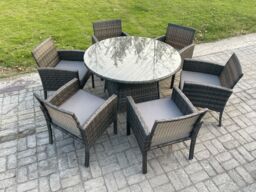 Fimous Wicker PE Outdoor Rattan Garden Furniture Arm Chair & Table Dining Sets 6 Seater Large Round Table Dark Grey Mixed - thumbnail 1