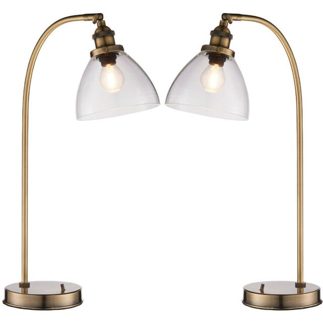Loops 2 PACK Industrial Curved Table Lamp Antique Brass & Glass Modern Bedside Light in Clear - image 1