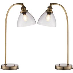 Loops 2 PACK Industrial Curved Table Lamp Antique Brass & Glass Modern Bedside Light in Clear - thumbnail 1