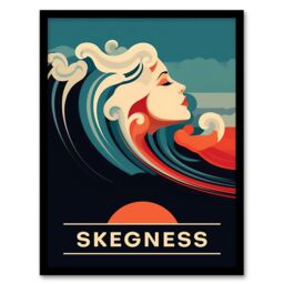 Artery8 Wall Art Print The Seaside Calls Skegness Beach England UK Sunset Woman of the Waves Sea Siren Ocean Art Framed in Blue - Size: A4 - thumbnail 1