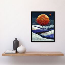Artery8 Wall Art Print Autumn Tree at Night by Moon Painting Dream Snow Art Framed Poster in Black - Size: A4 - thumbnail 4