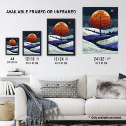 Artery8 Wall Art Print Autumn Tree at Night by Moon Painting Dream Snow Art Framed Poster in Black - Size: A4 - thumbnail 3