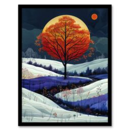 Artery8 Wall Art Print Autumn Tree at Night by Moon Painting Dream Snow Art Framed Poster in Black - Size: A4 - thumbnail 1