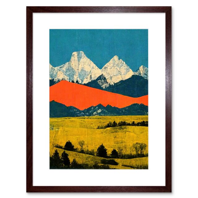 "Artery8 Wall Art Print Winter Mountains Landscape Modern Papercut Blue Orange Mustard Artwork Framed 9X7 Inch in Brown - Size: W7"" x H9""" - image 1