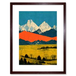 "Artery8 Wall Art Print Winter Mountains Landscape Modern Papercut Blue Orange Mustard Artwork Framed 9X7 Inch in Brown - Size: W7"" x H9""" - thumbnail 1