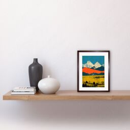 "Artery8 Wall Art Print Winter Mountains Landscape Modern Papercut Blue Orange Mustard Artwork Framed 9X7 Inch in Brown - Size: W7"" x H9""" - thumbnail 2