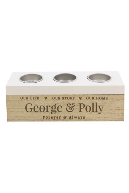 Personalised Memento Company Personalised Our Life Story & Home Triple Tea Light Box in Light Brown - image 1