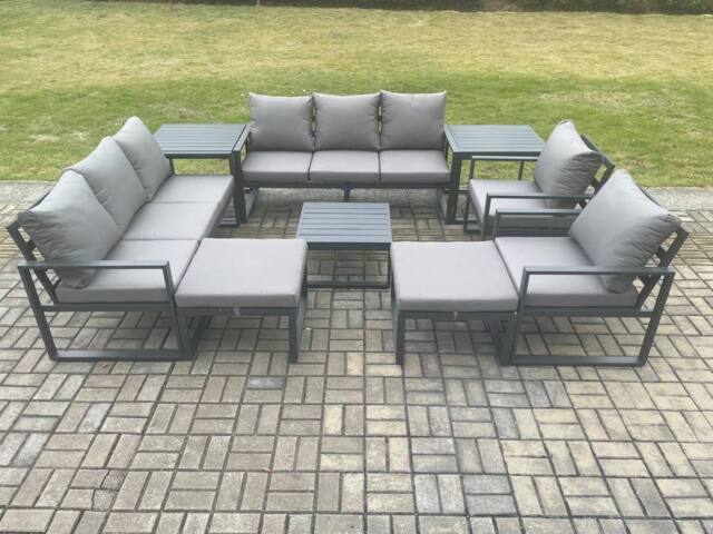 Fimous Aluminium Patio Outdoor Garden Furniture Lounge Sofa Set with Square Coffee Table 2 Chairs 2 Side Tables 2 Big Footstool Dark Grey - image 1