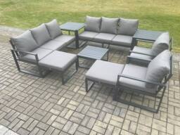 Fimous Aluminium Patio Outdoor Garden Furniture Lounge Sofa Set with Square Coffee Table 2 Chairs 2 Side Tables 2 Big Footstool Dark Grey - thumbnail 2