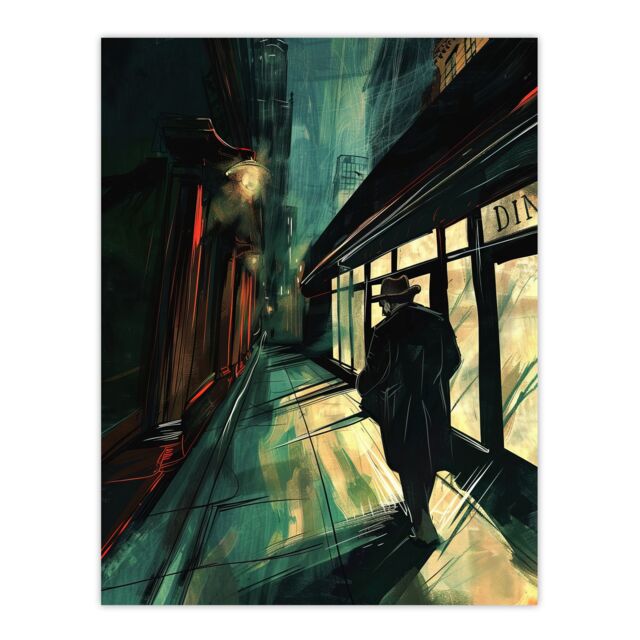 "Artery8 Moody Stroll in Alleyway Painting Dark Film Noir Wall Art Print in Black - Size: W12"" x H16""" - image 1