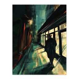 "Artery8 Moody Stroll in Alleyway Painting Dark Film Noir Wall Art Print in Black - Size: W12"" x H16""" - thumbnail 1