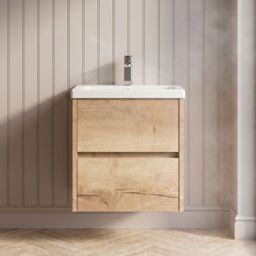 Balterley Square Wall Hung 2 Drawer Vanity Unit & Basin, 500mm Autumn Oak in Brown - thumbnail 8