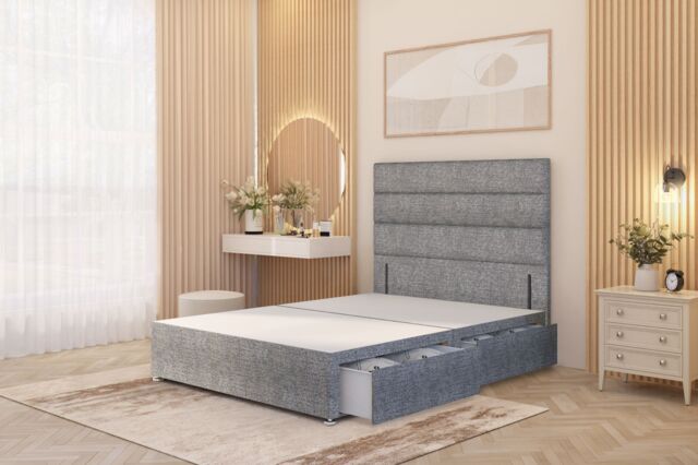 Somnior Chambery Divan Bed Frame 4 Drawers with Floor Standing Headboard Tweed in Grey - Size: King - image 1