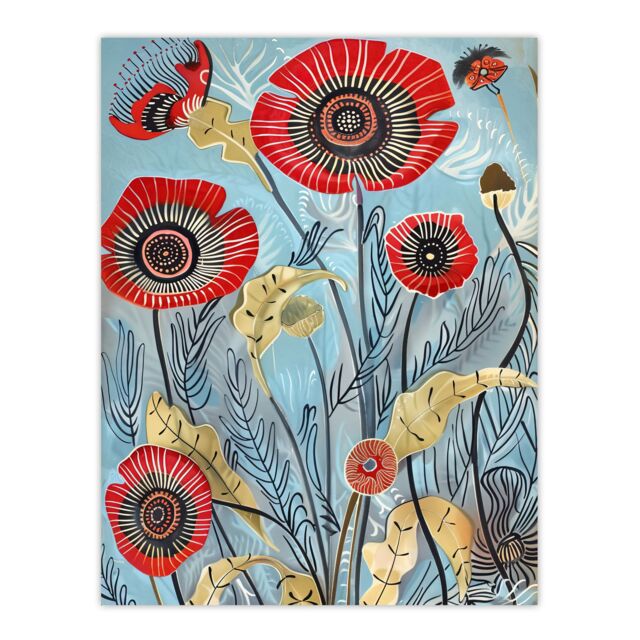 "Artery8 Poppy Flowers Modern Folk Art Painting Quirky Wall Art Print in Blue - Size: W24"" x H32""" - image 1