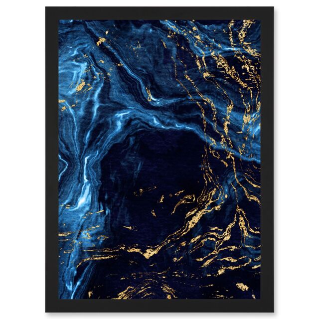 Artery8 Abstract Dark Blue Gold Water Modern Artwork Framed Wall Art Print A4 in Black - image 1