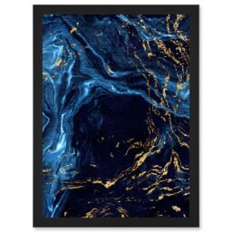 Artery8 Abstract Dark Blue Gold Water Modern Artwork Framed Wall Art Print A4 in Black - thumbnail 1