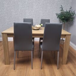 KOSY KOALA Oak Effect Dining Table Set With 4 Grey Faux Leather Chairs Dining Room Furniture - Size: 140 cm x 80 cm