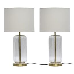 First Choice Lighting Set of 2 Walpole - Fluted Glass Brass Table Lamps with Ivory Shade in Bronze
