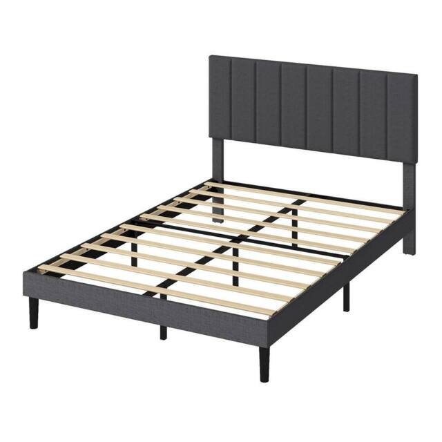 VOGREX Double Linen Upholstered Bed Frame Soft Foam Headboard in Grey - image 1