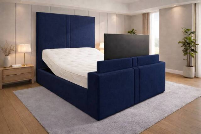 PARADISE BEDS LTD Luxury Upholstered Adjustable TV Bed in Dark Blue - Size: Super King - image 1
