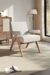 H&O Direct Beige Linen Upholsteried Wooden Armchair