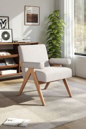 H&O Direct Beige Linen Upholsteried Wooden Armchair - thumbnail 2