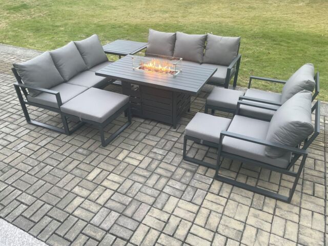 Fimous Aluminium Outdoor Garden Furniture Set Patio Lounge Sofa Gas Fire Pit Dining Table Set with 3 Footstools Side Table Dark Grey - image 1