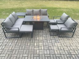 Fimous Aluminium Outdoor Garden Furniture Set Patio Lounge Sofa Gas Fire Pit Dining Table Set with 3 Footstools Side Table Dark Grey - thumbnail 2