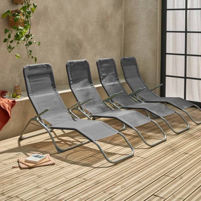 sweeek Set Of 4 Textilene Folding Sun Loungers With 2 Positions in Grey - image 1