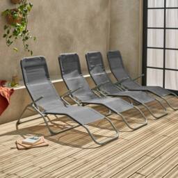 sweeek Set Of 4 Textilene Folding Sun Loungers With 2 Positions in Grey - thumbnail 1