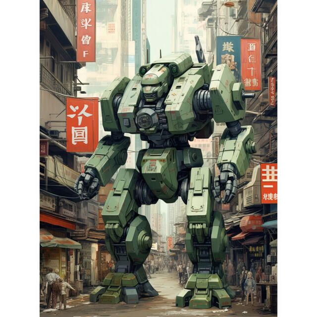 Artery8 Wall Art Print Mecha Robot in City Street Anime Sci-Fi Artwork Red Green Giant Humanoid Machine Fantasy Science Fiction Poster - image 1