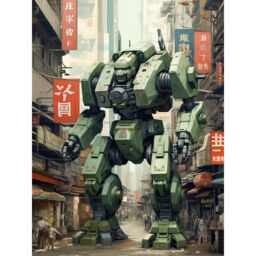 Artery8 Wall Art Print Mecha Robot in City Street Anime Sci-Fi Artwork Red Green Giant Humanoid Machine Fantasy Science Fiction Poster - thumbnail 1