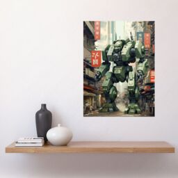 Artery8 Wall Art Print Mecha Robot in City Street Anime Sci-Fi Artwork Red Green Giant Humanoid Machine Fantasy Science Fiction Poster - thumbnail 2