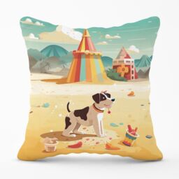 Warren Reed - Designer Doggy On A Beach Holiday Outdoor Cushion in Yellow - Size: 60 cm x 60 cm - thumbnail 1
